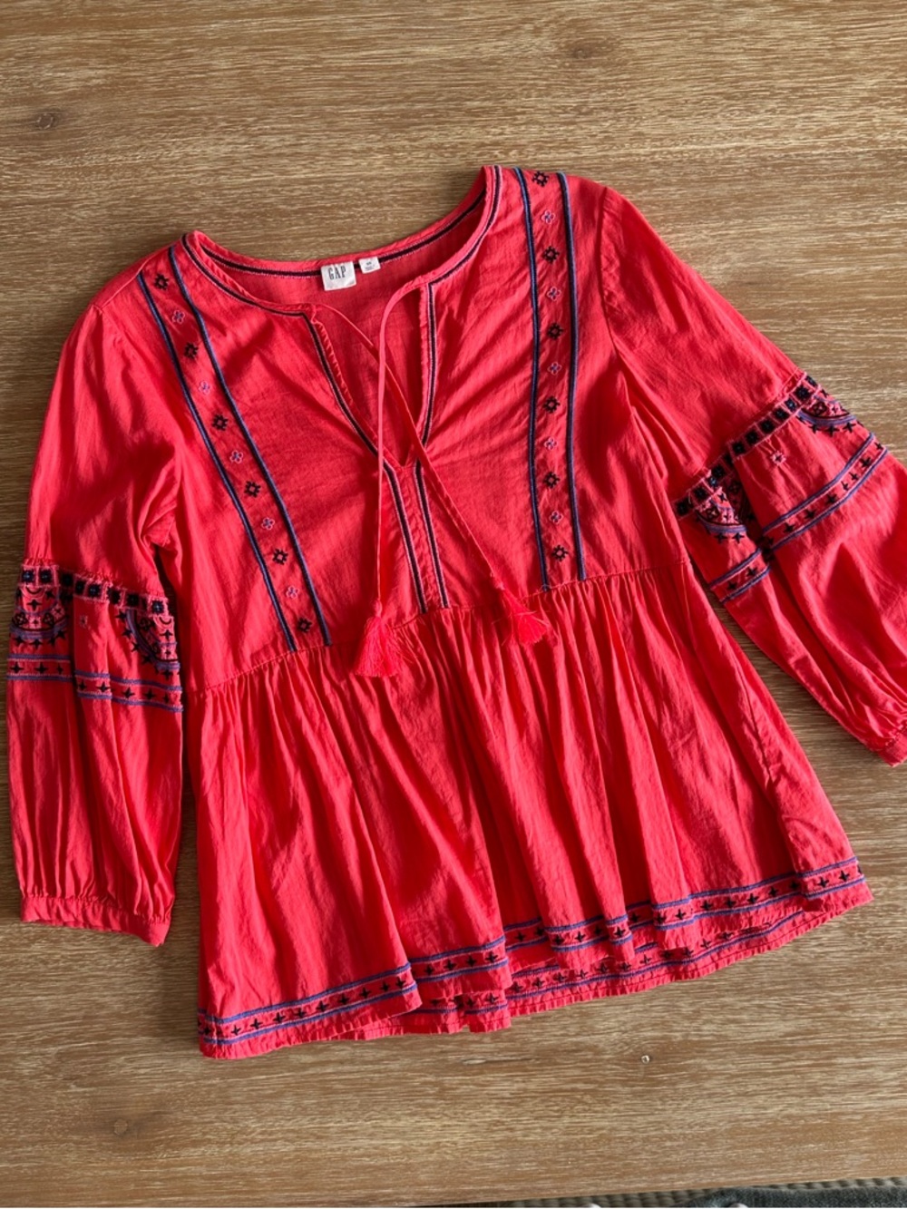 GAP Coral-Red Embroidered Tie-Front Peasant Tunic